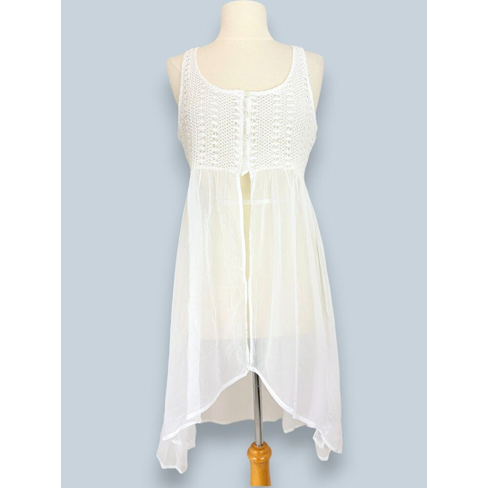 Hollister White Sheer Lace Duster Cardigan Boho High Low Crochet Vest L